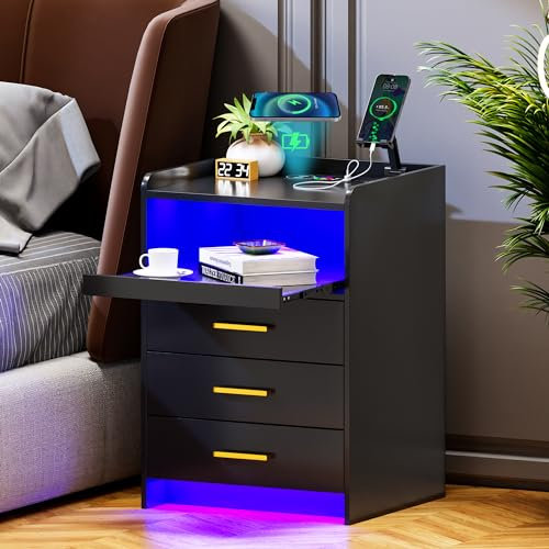 Lvifur Tavolino da Letto Comodino a LED con Stazione di Ricarica, 24 Colori Dimmerabile Comodino con 3 Cassetti, Sensore Automatico TYPE-C USB Soggiorno Camera da Letto Nero