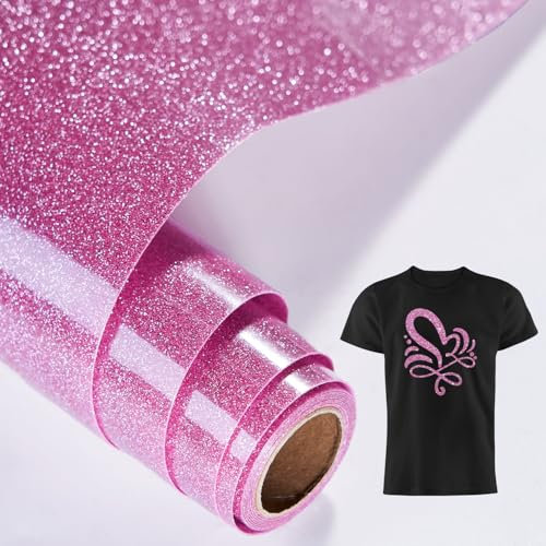 LUCKIGUCK Glitzer Plotterfolie Textil - Heat Transfer Vinyl 25cm x 150cm Transferfolie Plotter Flexfolie für Textilien Transferfolie zum Aufbügeln für DIY T-Shirt,Stoffe Textilhandwerk(Rosa)
