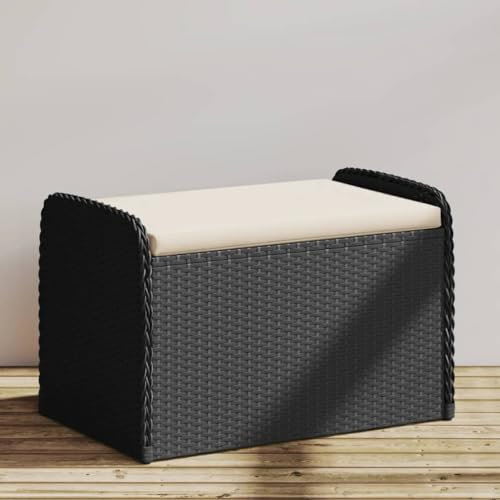 Gecheer Truhenbank mit Auflage Gartenbank Gartentruhe Kissentruhe Kissenbox Sitzbank Rattanbank Bank Box Auflagenbox Schwarz 80x51x52 cm Poly Rattan