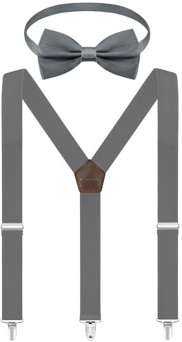 Fevaeno Hosenträger Fliege Set, Breit 2.5cm Y Form mit 3 Starken Clips, Einstellbar und Elastisch Einheitsgröß Hosenträger für Herren und Damen Dunkelgrey