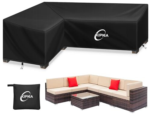 Kipiea Funda para Muebles de Jardín en Forma de L, Fundas Sofá Jardin Exterior Impermeable, 420D Tela Oxford Funda Protectora Sofá Exterior en L, Resistente al Viento, Anti-UV (200x250x85x78/61cm)