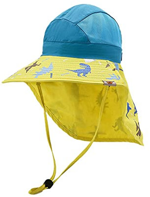 Schirmmütze Dinosaurier Musselin mit Nackenschutz und Bindeband für Jungen - Baby Mütze mit Grafischem - Sonnenkappe aus Baumwolle Cartoon Outdoor Strand Verstellbare Schutz Mütze