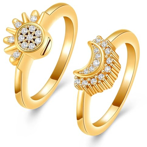 QGJNSGC Urnen-Feuerbestattungsschmuck Himmlisches Sonnen- und Mond-Ring-Set, funkelnde Sonnen-/Blaumond-Freundschaftsringe, stapelbar, himmlisches Geschenk