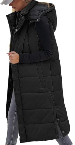Vancavoo Lange Weste Damen mit Kapuze Ärmellose Steppweste Lang Daunenweste Übergangsweste Winterjacke Longweste Leichte Warm Gesteppt Winterweste Mäntel,Schwarz,M