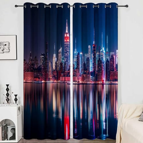 Vorhang Blickdicht Thermovorhang Skyline Von New York City Bei Nacht Muster Gardinen Wohnzimmer Vorhänge Geräuschreduzierung Dekoration für Schlafzimmer Wohnzimmer Fenster Stadtlandschaft 260 x 140 cm
