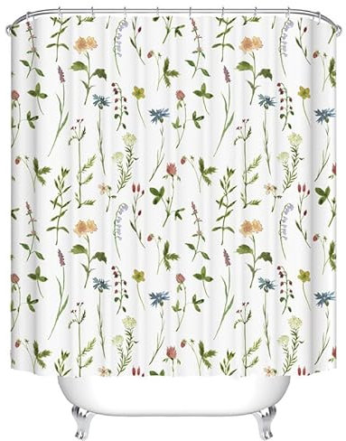 Country Wildflower Floral Plant Shower Curtain, Farmhouse Multicoloured Botanical Flower Leaves Herb Flower Plant Curtain for Girl/Women Bathroom Decor