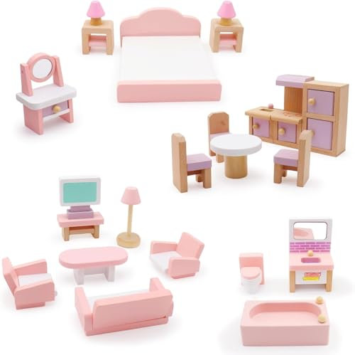 Mostop Wooden Dollhouse Furniture Set,22 Pcs Miniatur-Puppenhaus-Zubehör, 4 Zimmer Holz rosa Puppenhaus-Zubehör Pretend Play Möbel Spielzeug für Kinder Jungen Mädchen