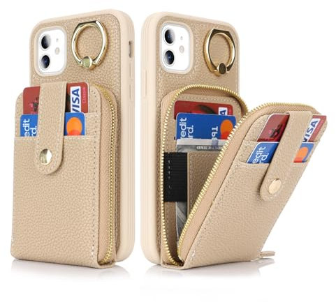 SailorTech iPhone 11 Case Ring Stand with Credit Card Holder for Women, iPhone 11 Leather Case Wallet with Credit Card Slots Zipper Case for iPhone 11-Beige