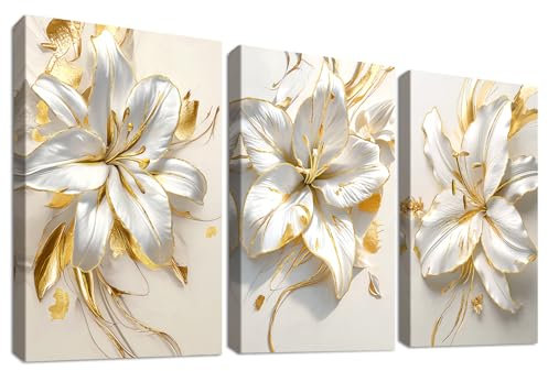 3Pcs Gold Weiße Lilien Blumen Mit Rahmen Leinwand Bilder Goldene Stämme Creme Beige Geblümt Bild auf Leinwand Malerei Wandbilder Wohnzimmer Schlafzimmer Badezimmer Wanddeko 120x60cm (16x24x3)
