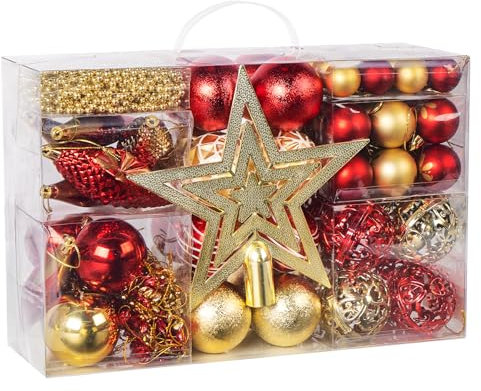 102er Set Weihnachtskugeln Gold und Rot, Christbaumkugeln Kunststoff Set, Weihnachtskugeln Ornamente mit Baumkronensterne, Weihnachtsbaumkugeln für Weihnachts Dekoration