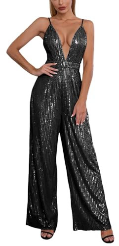 Mymyguoe Jumpsuit Damen Overall Mit Pailletten Sexy Onesie Festlich Outfit Romper Latzhose Ärmellos Playsuits Cocktail Strampler Elegant Mit Glitzer Party Hosenanzug Streetwear