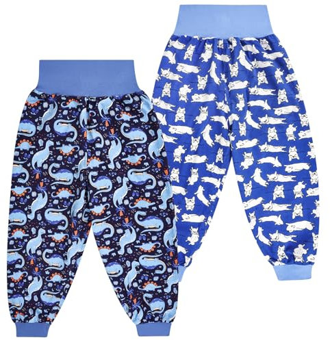 FLYISH DIRECT Calzones de Entrenamiento Niño Reutilizables, Pantalón para el Orinal Niño Cintura Alta, Braguitas de Aprendizaje Algodón, 2 Pares, 3-5 Años, Dinosaurio y perro, M