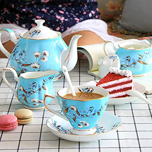 Vintage Blau Porzellan Espressotassen und Untertassen Set 15 teilig Tee und Kaffee Service mit Zuckerdose und Milchkännchen
