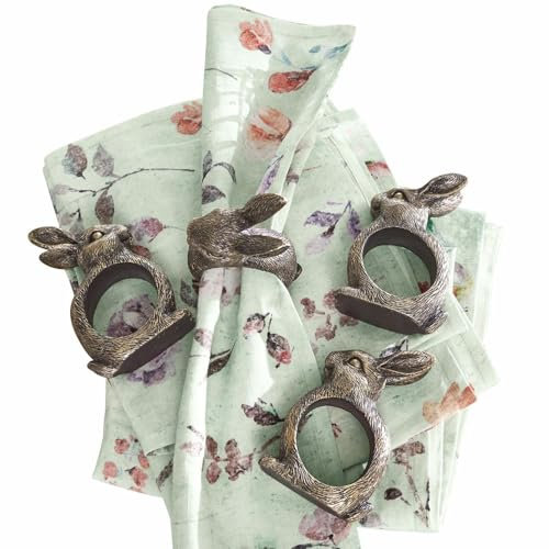 LOBERON Serviettenring 4er Set Bresanto, Süße Hasenform, Handbemalt, Ostern, Osterhase, Tischaccessoires, Tischdeko, Polyresin, antikbraun