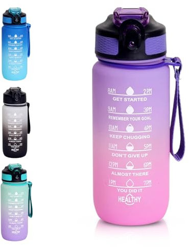 Gourde pour enfant, 600 ml, en Tritan, sans BPA, avec paille, marqueur de temps pour fitness, école, yoga, extérieur (violet/orange clair)