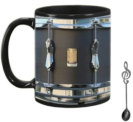 1pc Drum Becher 11oz Schwarz Farbe, trommelartige Keramik-Kaffeetasse mit Metalllöffel einzigartiger und kreativer Tasse mit Griff, Musikgeschenke für Schlagzeuger..