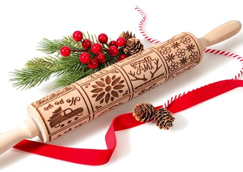 XINBADA 17 Premium Wood Rolling Pin with XMAS Embossed Designs | 3mm Deep Springerle Cookie Molds | Christmas Rolling Pin & Baking Gifts for Women | Includes 3-in-1 Cleaning Brush