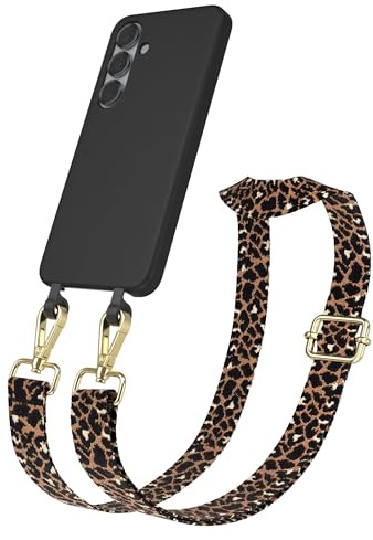 EAZY CASE - Hülle mit Band kompatibel mit Samsung Galaxy S25 Handyhülle für Galaxy S25 Silikonhülle mit Mikrofaser Handykette zum Umhängen 2in1 Hülle Handykordel Leo - Schwarz Braun Metall Gold