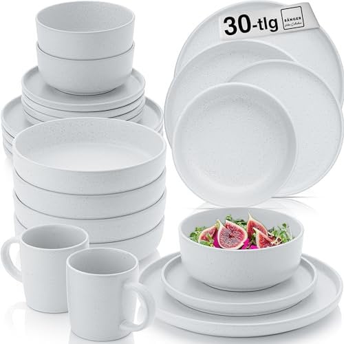 SÄNGER Leeds Frost | Kombiservice 30 teilig, Steingut Geschirr 6 Personen, 6x Speiseteller 6x Dessertteller 6x Schalen 6x Pastateller 6x Kaffeebecher, Teller Set hellgrau | VALUE COLLECTION