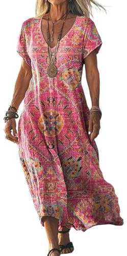 Boho Tunika Kleid Damen Sommer Lang Sommerkleid Damen Elegant V Ausschnitt Maxikleid Kurzarm A Linie Sommerkleider Leicht Und Luftig Maxi Kleider Frauen Bunt Retro Locker Strandkleid Tie Dye