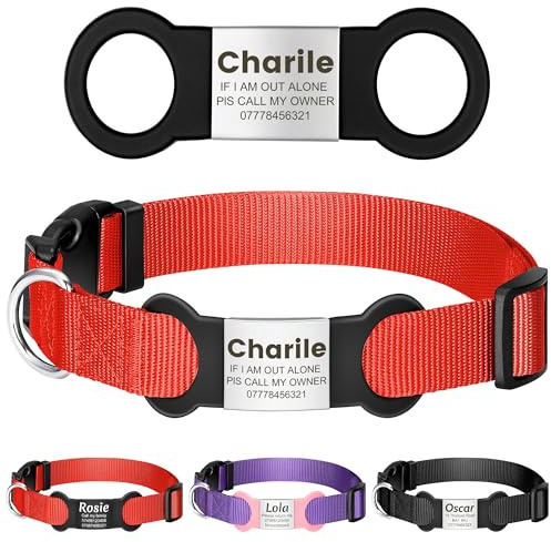 YEHANTI Nylon Hundehalsband mit Personalisiert Hundemarke, Komfortabel und Leise, Lasergraviertes Hundemarke mit Name, Adresse und Telefonnummer (Rot)