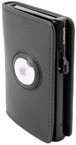 ClickSafe 995201 Kreditkarten-Börse SLIM, schwarzes Nappa-Leder, Kartenhalter Aluminium Schwarz, 6 Karten, Click-System, Etui mit AirTag-, Schein- und Kreditkartenfach, RFID, 9,5 x 6,5 x 2 cm, Schwarz