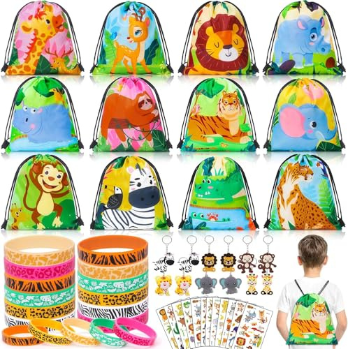 Cleboen 48Pcs Dschungel Party Mitgebsel kindergeburtstag Junge Geschenktüten Kordelzugbeutel Silikonarmband Schlüsselanhänger Aufkleber Safari Waldtiere Party Geburtstag Gastgeschenke für Kinder