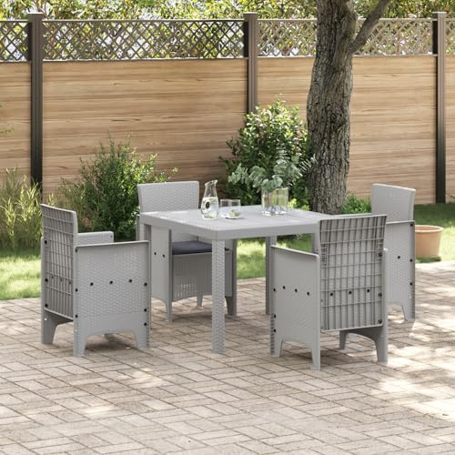 IBUQDDV 5-TLG. Garten-Essgruppe mit Kissen in Hellgrau aus Poly Rattan - Quadratischer Tisch und 4 Stühle für den Außenbereich, Wetterfest und UV-Beständig für Terrasse und Balkon,