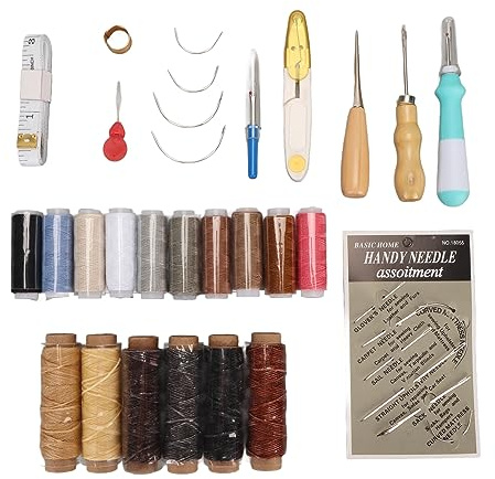 Leder-Nähset, Lederbearbeitungswerkzeuge mit gewachstem Faden in 16 Farben, Nähnadeln mit großem Öhr, Ahle, Nähhut für Heimwerkerarbeiten, Reparatur von Ledertaschen, Jacken,