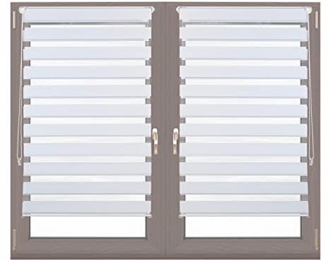 Relaxdays Doppelrollo Klemmfix ohne bohren, 2er Pack, Seitenzugrollo mit Streifen, Duo-Rollo für Fenster, Stoff 76x156 cm, weiß
