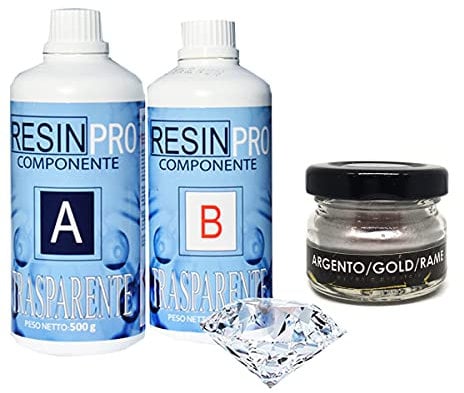 KIT RESINA EPOSSIDICA TRASPARENTE GR 800 + UN PIGMENTO METALLICO RESIN PRO per bijoux e fai da te (ALLUMINIO)