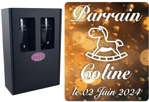 2 Flûtes à Champagne Gravées Modèle Cheval avec Boîte Cadeau - Cadeau Parrain ou Marraine – Verre de Baptême Communion – Coupe de Champagne personnalisée (Demande Annonce naisance)