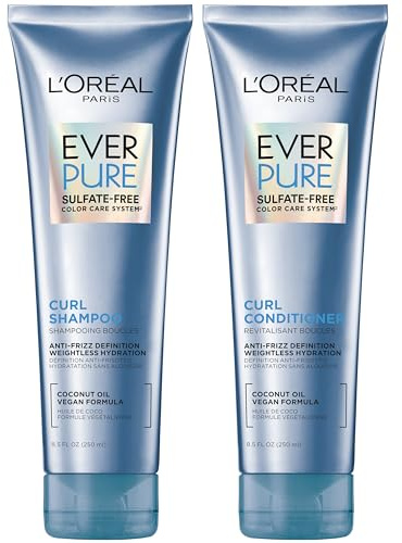 L'Oreal Paris Sulfate Free Shampoo and Conditioner for Curly Hair, Lightweight, Anti-Frizz Hair Care with Coconut Oil, EverPure, 8.5 Fl Oz, Set of 2 (Packaging May Vary)