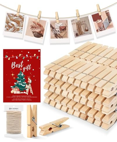 Mini-Wäscheklammern, Mini-Wäscheklammern für Fotos, 100 Stück, aus Holz, kleine Wäscheklammer mit 90 m Jute-Schnur, winzige dekorative Wäscheklammer für kleine Babypartys, Fotos, Clips, Bilder,
