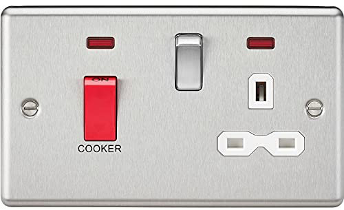 45A DP Double Pole Cooker Control Switch 13A Single Switched Power Socket Neon Power Indicator Wall Outlet (Brushed Chrome, White Insert)