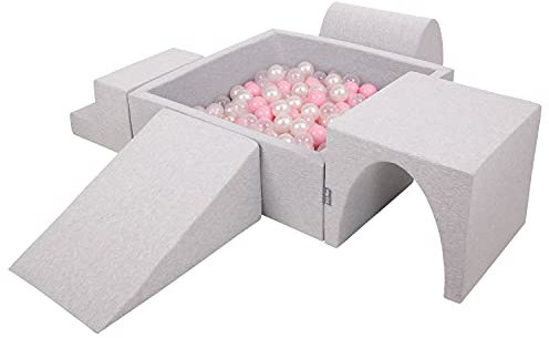 KiddyMoon Spielplatz Aus Schaumstoff Mit Quadrat Bällebad (200 Bälle) Ballgruben Für Babys Spielbad Hindernisläufen, Hergestellt In Der EU, Hellgrau:Puderrosa/Perle/Transparent
