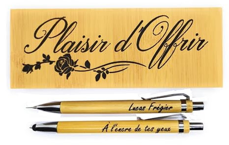 Stylos Personnalisés (x2), Coffret cadeau personnalisable-gravure prénom-ensemble stylo bois stylet personnalisation porte mine - gravure laser