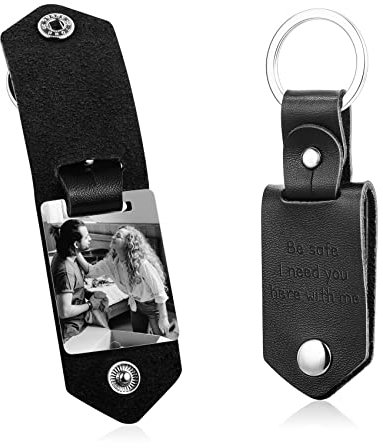 MunkiMix Porte-clés en Cuir Personnalisé Cadeaux pour Hommes Petit Ami Papa Mari Photo Date Nom Porte-clés pour la Fête des Pères-Cuir Noir Photo Noir & Blanc
