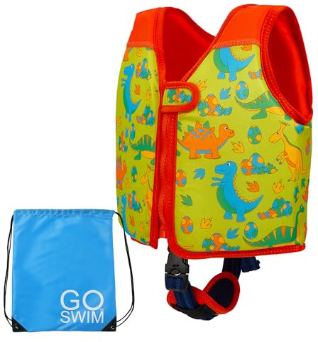 Go Swim Giubbotto Galleggiante - Include borsa da nuoto gratuita Giubbotto da nuoto per bambini con galleggiabilità fissa e cinturino di sicurezza (Daring Dinos, S (15-19kgs))