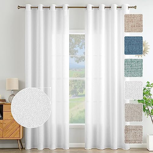 MIULEE Wohnzimmer Vorhänge Gardinen Leinen Ösenvorhang Leinenoptik Vorhang Boho Gardine mit Ösen Semi-transparent Leinenvorhang Curtains 2er Set HxB 225x140 cm,Weiß