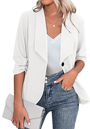 Zeagoo Blazer Damen Elegant Sportlich 3/4 Arm Business Jacke Offene Front Arbeit Büro Jacke Blazer Weiß XL