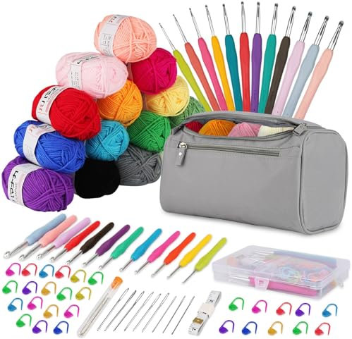 YINVA Häkelset für Anfänger 15Pcsx25g Häkelgarn Häkelnadel Set 2mm-8mm Ergonomische Häkelnadeln Crochet Set Stricken für Anfänger Set Tragbaren Tasche Strickzubehör(Hellgrau)