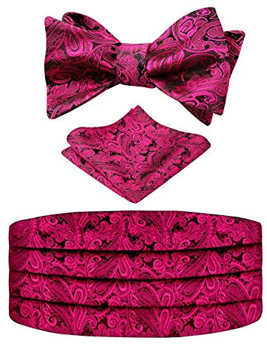 Alizeal Klassische selbstgebundene verstellbare Fliege, Kummerbund und Einstecktuch für Herren, 133 - Schwarz + Hot Pink (selbstgebunden), Einheitsgröße