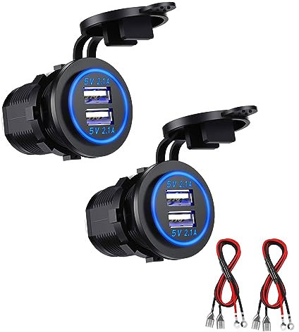Kibon Rise USB 12V, Double Prise de Chargeur USB, avec Un Fil de 23,7 Pouces Convient aux Voitures 12 / 24V Le Bateau Motos pour Bateaux RV Truck Camper et Plus (2 PCS Blu-Ray)