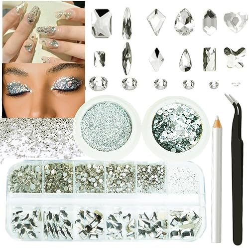 3 Boxes White Clear Crystal Nail Rhinestones with Fine Glitters Kit, 60Pcs Big Assorted Shapes Nail Gems with Flatback Round Stones, Crystals Nail Art Charms Supplies for Faces Body DIY Crafts