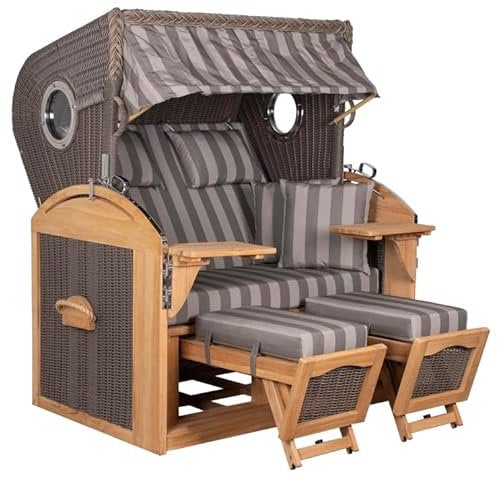 MR. DEKO Strandkorb Schillig Teak, Volllieger Strandstuhl Liegestuhl, PE Geflecht Grey, Teakholz, Bullauge, inkl. 4 Kissen, Wechselpolster Strandkörbe für Garten, Terrassen (Dessin 537)