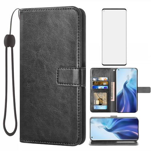 Asuwish Handyhülle für Xiaomi Mi 11 5G Hülle mit Folie Schutzfolie und Kartenfach Klappbar Leder Geldbörse Ständer Handyhüllen Panzerfolie Mi11 M11 M2011K2G Handy Hüllen Schutzhülle Phone Case Schwarz