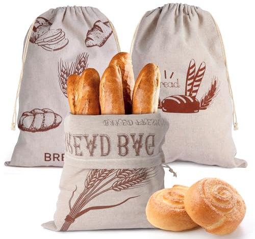 Gelewuld 3 PCS Linen Bread Bag for Homemade Bread, 40x30cm Reusable Bread Bags to Keep Bread Fresh, Food Bread Storage Bags with Drawstring