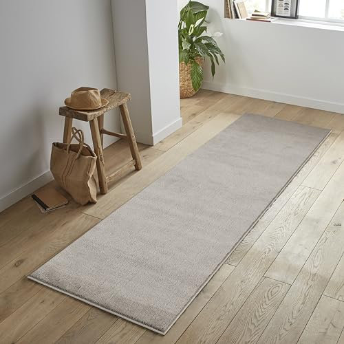 Jimri Flauschiger Teppich Läufer - Hochwertiger Kurzflor für Zuhause, Büro, Küche, Eingang, Flur, Wohnzimmer - Maschinenwaschbar - Rutschfester Teppich Waschbar - 80x250 cm - Beige