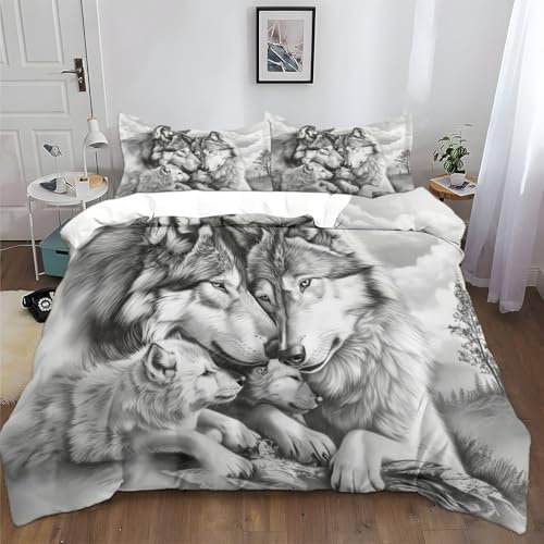 XCQHZYQ Bettwäsche 3teilig 155x220 cm Handbemalt Tiere Wölfe Grau Bettbezug mit 2 Kissenbezug, Bettwäsche Set Polyester Baumwolle mit Reißverschluss, weich und bügelfrei